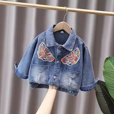 여아 데님 자켓 귀여운 캐릭터 봄 가을 트렌디 아우터 키즈 청자켓 아동 점퍼 데님점퍼 어린이 봄점퍼, 110, H.  자수 빨간 꽃