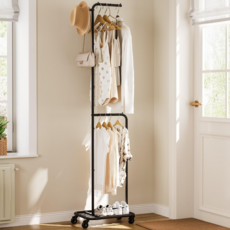 ONESOWON 철제 2단 이동식 슬림 옷걸이 ㄱ자 스탠드 행거, 블랙