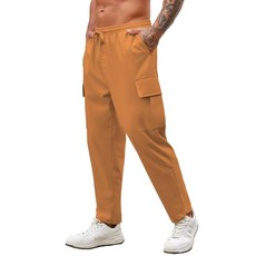 COOFANDY 남성용 카고 팬츠 릴렉스 핏 캐주얼 리넨 팬츠 드로스트링 스웨트팬츠 6포켓 포함 라이트 브라운. 148062