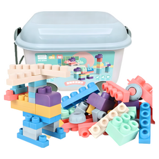 可啃咬軟積木大顆粒積木組：嬰兒安全軟膠積木，牙膠玩具，幼兒啟蒙益智玩具, 80顆送推車收納盒(超取最多1盒), 1個