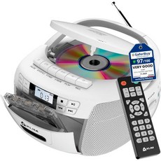 클림 CD 플레이어 및 카세트 테이프 블루투스 붐박스 AMFM 라디오 스테레오 사운드 리모컨 콤보 녹음 USB 드라이브 AUX ACDC 전원 공급, White