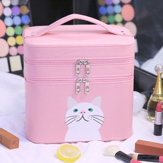 화장품 가방 휴대용 귀여운 여성용 보관 상자, 라이트 핑크 "더블 레이어"