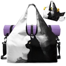 Tansealive 재미있는 동물 프린트 체육관 가방 신발 수납 공간 및 요가 매트 홀더 포함 남성용 운동 포켓 Black Cat 잉크