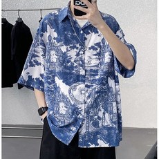베이안 남녀공용 네이비 하와이안 반팔 셔츠