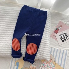 Springkids 春秋兒童撞色格子補丁打底褲 寶寶男女童羅紋內搭褲