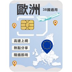 歐洲38國通用SIM卡，高速上網，即插即用，多種流量方案可選，旅行必備, 1個, 10天, 總量10GB