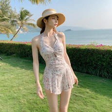 泳衣女保守連體性感溫泉網紅風高級感泳裝碎花顯瘦遮肉小胸純欲風, S(建議80-90斤)