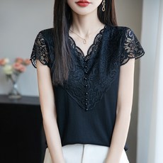 lofei 여성 여름 가벼운 레이스 브이넥 반팔 블라우스 상의 TX17