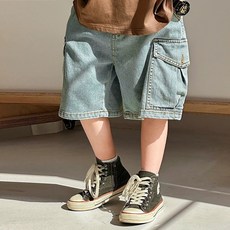 UPPERCUT 주니어 아동 와이드 카고 데님 반바지 밴딩 청반바지 남아 여아 남녀공용