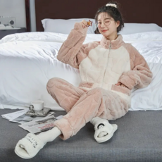 法蘭絨加厚立領拉鍊家居服套裝，可外穿，珊瑚絨材質, 兔紋拼接粉色豎領【女款】, L【100-120斤】