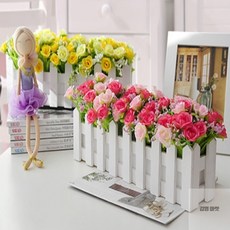 김영마켓 사각 울타리 조화 화분 조화꽃병, 화이트 - 소