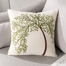 清新樹木式棉質帆布繡花沙發抱枕套 辦公椅靠枕 家居床頭靠墊 護腰靠枕, 綠色45*45CM（不含芯）,45*45厘米