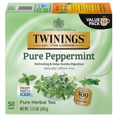 트와이닝 Twinings 순수 페퍼민트 차 - 천연 카페인 프리 상쾌한 민트 허브 티백 개별 포장 50개, Peppermint, 100g