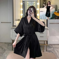 목욕 잠옷 여름 숏 로브가운 가운 실크 랩가운 여성 나이트 가운, 블랙 2피스 세트 캐미솔 포함