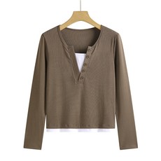 Yellwel 봄여름 여성 슬림핏 배색 레이어드 롱슬리브 티셔츠 DJP