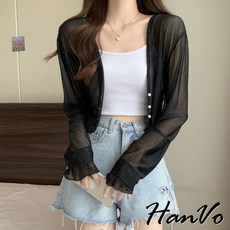 HanVo 冰晶透感珍珠扣長袖薄外套 防曬短版罩衫 韓系女裝, 黑色