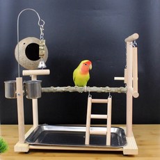 花椒木鸚鵡站架咀嚼玩具 鞦韆鳥窩鳥架, 1個, 花椒木+椰殻窩款