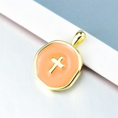 DIY首飾配件 十字架吊墜 圓盤滴油吊墜 手鏈項鏈材料 電鍍真金, 橙色, 1個
