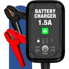 1.5A 6V12V 자동차 배터리 충전기 - 자동 트리클 과충전 방지 및 온도 보정 기능이 있는 유지 관리기 납산 AGM 젤 리튬 배터리용
