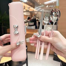 304不銹鋼便攜式餐具盒，環保可愛風，高顏值學生上班族筷子勺子套裝，輕巧便攜，衛生耐用, 1個, 仿皮紋抹茶綠/本銀柄,筷芍【送精美收納盒】