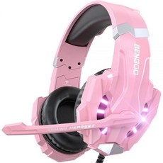 벤구 G9000 스테레오 게이밍 헤드셋 PS4 PC Xbox One PS5 컨트롤러용 노이즈 캔슬링 오버이어 헤드폰 마이크 포함 LED 조명 7.1 서라운드 사운드 부드러운 메, BENGOO 핑크