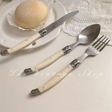 臺灣*出貨 韓國博主同款奶白彎柄西餐刀叉勺子不鏽鋼餐具牛排刀擺拍家用高檔, 1個, 彎柄勺