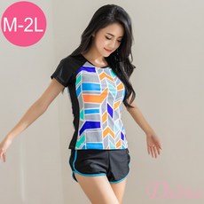 Daima黛瑪 女泳裝 兩件式附泳帽 M-2L 運動風拼色修身顯瘦T袖, 藍色