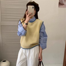 봄 배색 가장자리 라운드넥 조끼 여성 루즈핏 레이어드 민소매 니트 스웨터 조끼 상의