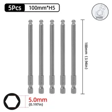 볼 엔드 육각 스크루 드라이버 비트 세트 알렌 렌치 스크류 드릴 1/4 인치 생크 마그네틱 S2 스틸 65/100mm 핸드 수리 도구, 5Pcs H5 100mm