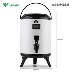 스테인레스 스틸 밀크티 절연 버킷 상업용 대용량 콜드 더블 레이어 두유 음료 온도계 차 음료 절연 버킷, 온도계가 있는 8L 흰색