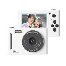 톡임매 미니 빈티지 디지털 카메라 5000W픽셀 고화질 셀카 브이로그카메라 64G메모리카드, 화이트