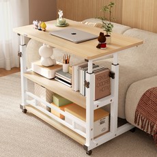 큐에이큐 만능 높이조절 3단 이동식 사이드 테이블 1인용 침대 쇼파 보조 책상, 우드