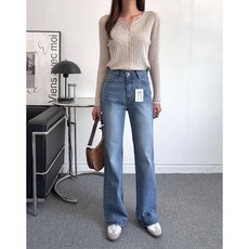 VENUSY 水洗做舊微喇叭褲，韓國東大門空運直送, 水藍色,L