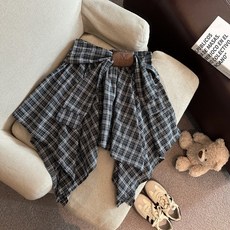 Yellwell 여름 여성용 레트로 불규칙 디자인 체크 패턴 스트랩 미니 스커트 DJP