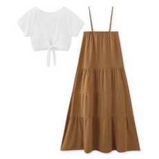 MIUSTAR 兩件式套裝 白衣咖裙 下綁帶棉質上衣