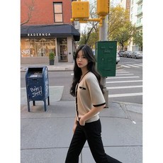 JAJU 오트밀 여 배색 반팔 가디건 J112404001_P383726296 549581