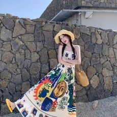 DFMEI 民族風塗鴉印花吊帶連衣裙女夏季新款收腰顯瘦大擺A字長裙子