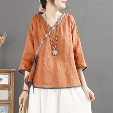 ORZQU 여름 여성 캐주얼 브이넥 7부소매 개량한복 루즈핏 면마 블라우스