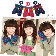 韓風童品出口韓國男女童掛繩包指毛線手套，男女童防寒保暖手套，加絨加厚嬰幼兒彩球點點手套