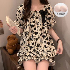 夏季新款 帶胸墊 甜美短袖睡衣女 大碼家居服套裝