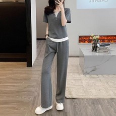 TKX 여성 반팔 티셔츠 와이드 팬츠 세트 캐주얼 데일리 편안한 루즈핏 트레이닝 투피스 홈웨어