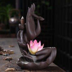 紫砂倒流香爐禪意佛手檀香爐家用室內香薰爐大號創意擺件, 紫砂祥雲佛手粉花