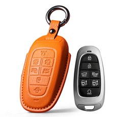 프리미엄 고급 산양가죽 스마트키케이스 키홀더 키커버 현대 호환/그랜저 IG/쏘나타 센슈어스 DN8/싼타페 TM/투싼 NX4/팰리세이드 LX2/스타리아 US4, 7버튼, 오렌지