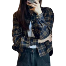 Makone 여성 봄 가을 루즈핏 체크 셔츠