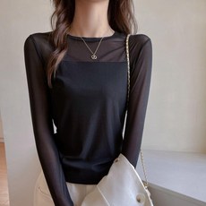 Couchsurfing 여성용 시스루 배색 라운드넥 슬림핏 긴소매 이너 티셔츠