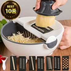 릴플로 다용도 만능 채칼 10종 세트 야채 슬라이스 회전 채반, 1개, 화이트 베이스 + 다크 그레이 엣지