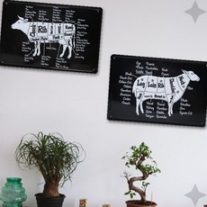 정육점 식당 주방 인테리어 흑백 소 부위 도해 금속 철제 벽면 장식 액자, 상세페이지 참조