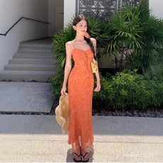 Yellwell여름 여성 슬림 스트랩 꽃무늬 롱 원피스LST