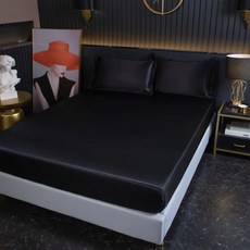 아이스 실크 여름 침대 시트 폴리에스터 새틴 장착 탄성 밴드 단색 커버, 2 pillowcase48x74cm, black