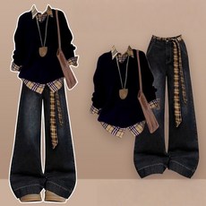 여성투피스 여성세트 티셔츠+ 블라우스 체크 블라우스 LCH25103046 46